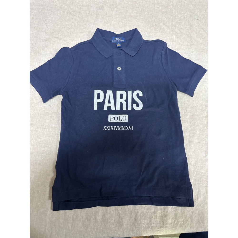 Polo Ralph Lauren Boys Size 5 Navy Blue Paris Graphic Short Sleeve Polo Shirt
